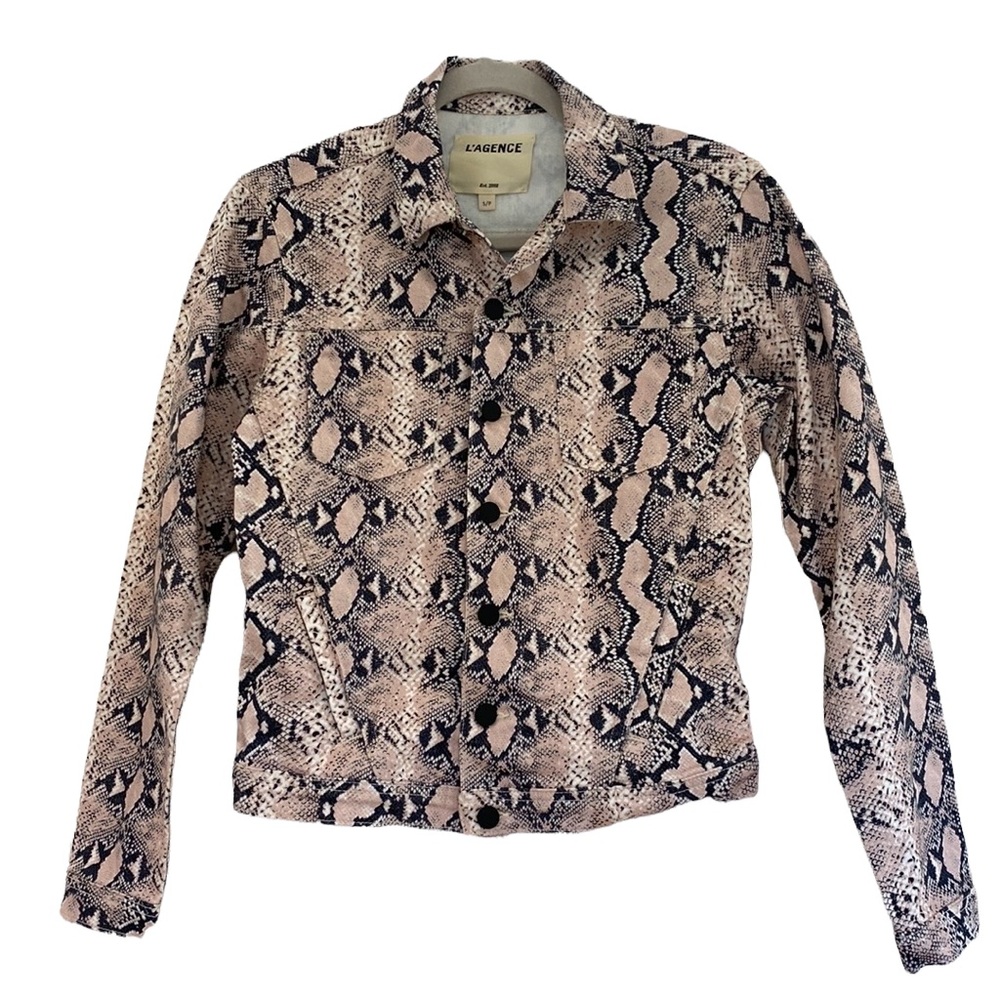 L'AGENCE Beige and Black Snake Print Denim Jacket